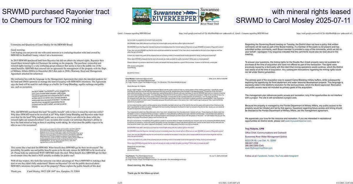 SRWMD purchased Rayonier tract with mineral rights leased to Chemours for TiO2 mining, SRWMD to Carol Mosley 2025-07-11
