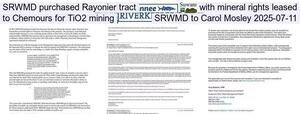 [SRWMD purchased Rayonier tract with mineral rights leased to Chemours for TiO2 mining, SRWMD to Carol Mosley 2025-07-11]