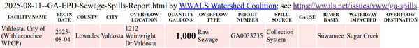 Spill: 2025-08-04 Wainwright Drive Valdosta Spill in, 2025-08-11 GA-EPD Sewage Spills Report