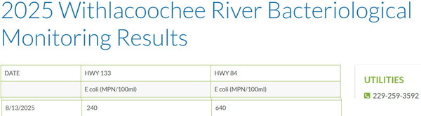 [Table: GA 133, US 84 Withlacoochee River Water Quality, 2025-08-13 --Valdosta Utilities]