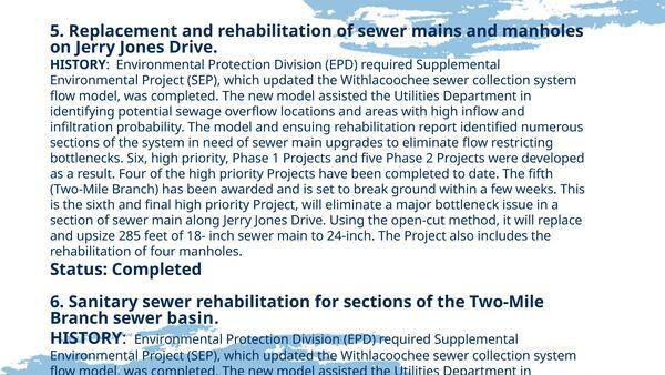[5. Replacement and rehabilitation of sewer mains and manholes on Jerry Jones Drive. 6. Sanitary sewer rehabilitation for sections of the Two-Mile Branch sewer basin.]