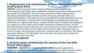 [5. Replacement and rehabilitation of sewer mains and manholes on Jerry Jones Drive. 6. Sanitary sewer rehabilitation for sections of the Two-Mile Branch sewer basin.]