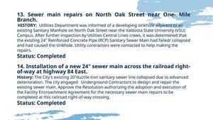 [13. Sewer main repairs on North Oak Street near One--Mile Branch. 14. Installation of a new 24-inch sewer main across the railroad right-of-way at highway 84 East.]