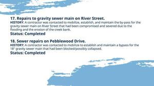 [17. Repairs to gravity sewer main on River Street. 18. Sewer repairs on Pebblewood Drive.]