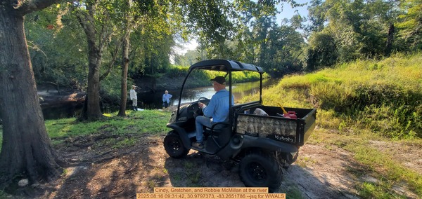 [Cindy, Gretchen, and Robbie McMillan at the river, 2025:08:16 09:31:42, 30.9797373, -83.2651786 --jsq for WWALS]