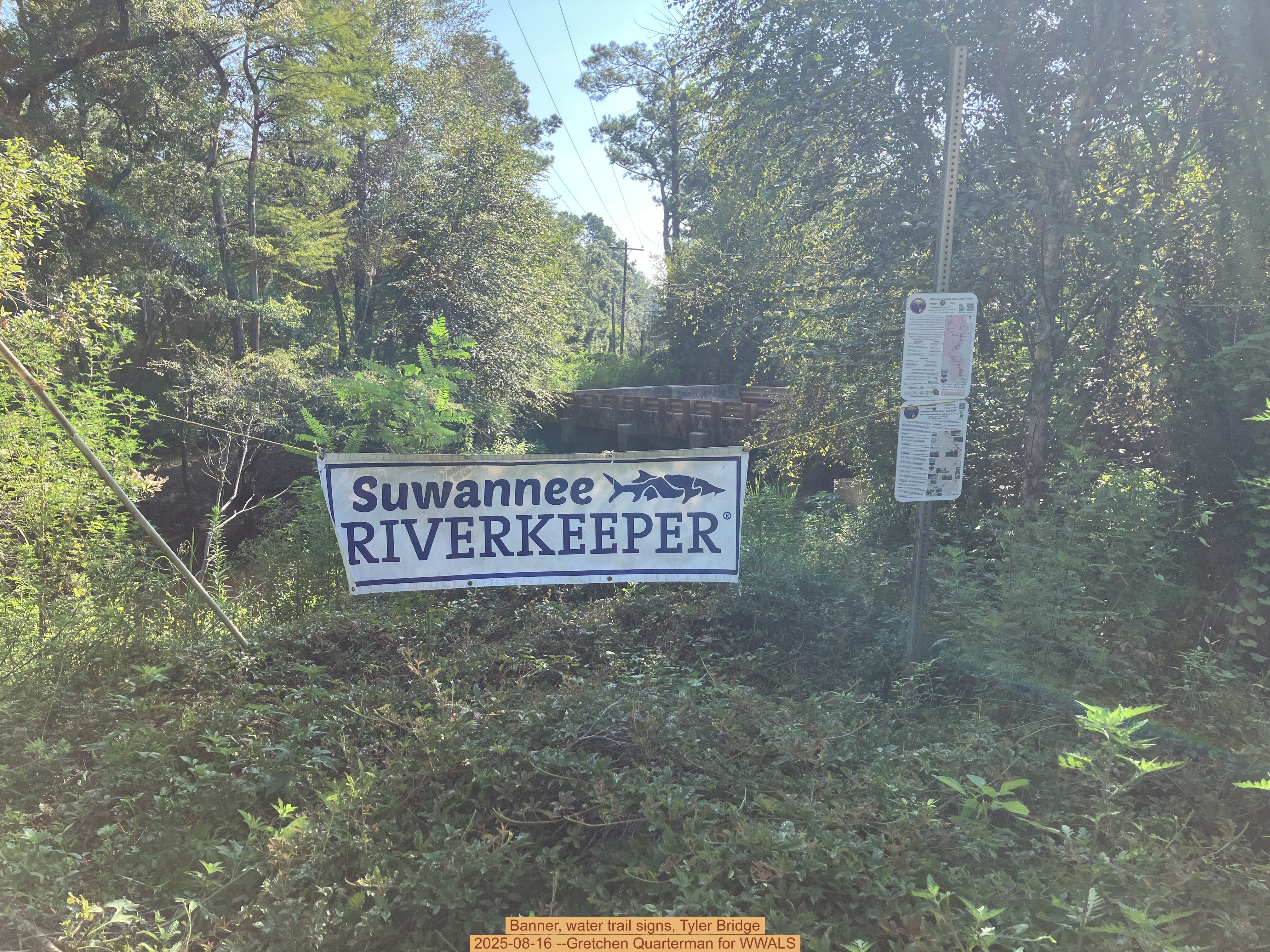 Banner, water trail signs, Tyler Bridge, 2025-08-16 --Gretchen Quarterman for WWALS