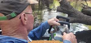 [Movie: Robbie sawing with jsq EGO 18-inch electric saw, 2025:08:16 10:34:28, 30.9776607, -83.2627609 (12M) --jsq for WWALS]