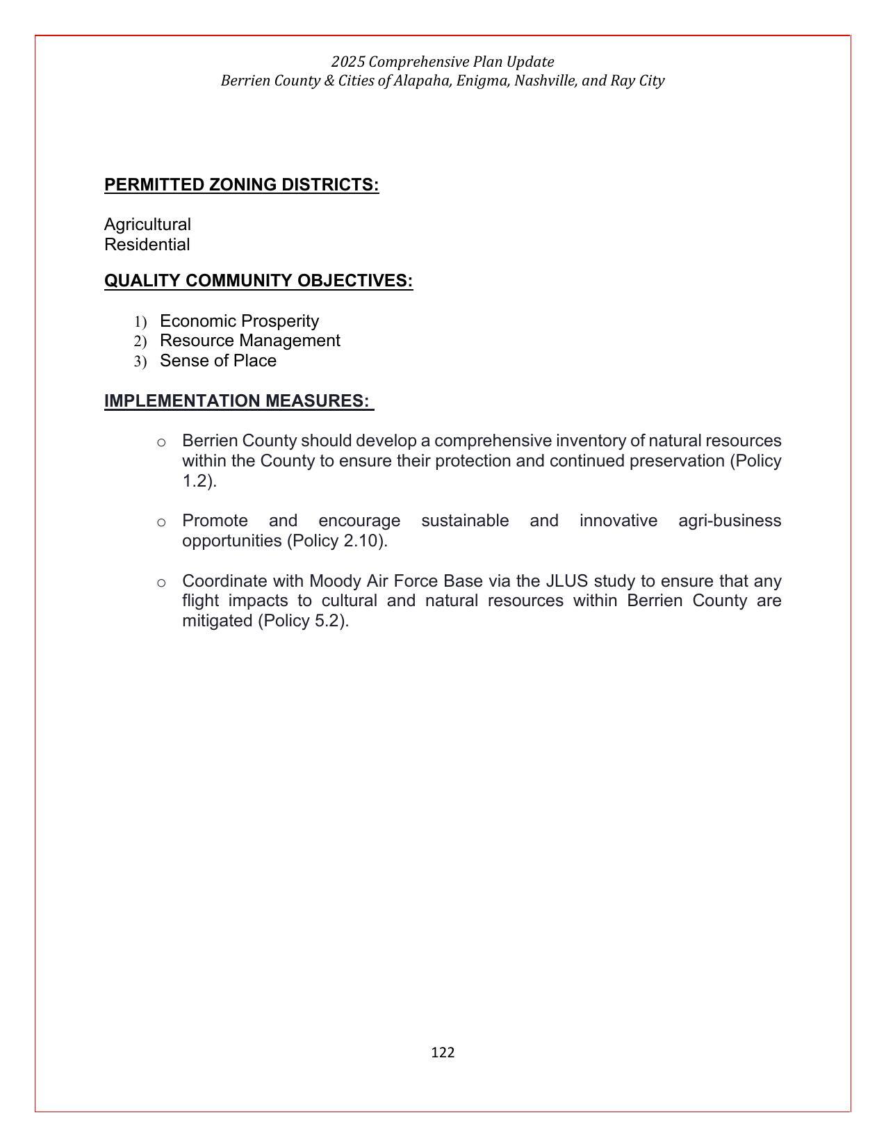 Permitted Zoning District, Quality Community Objectives, and Implementation Measures