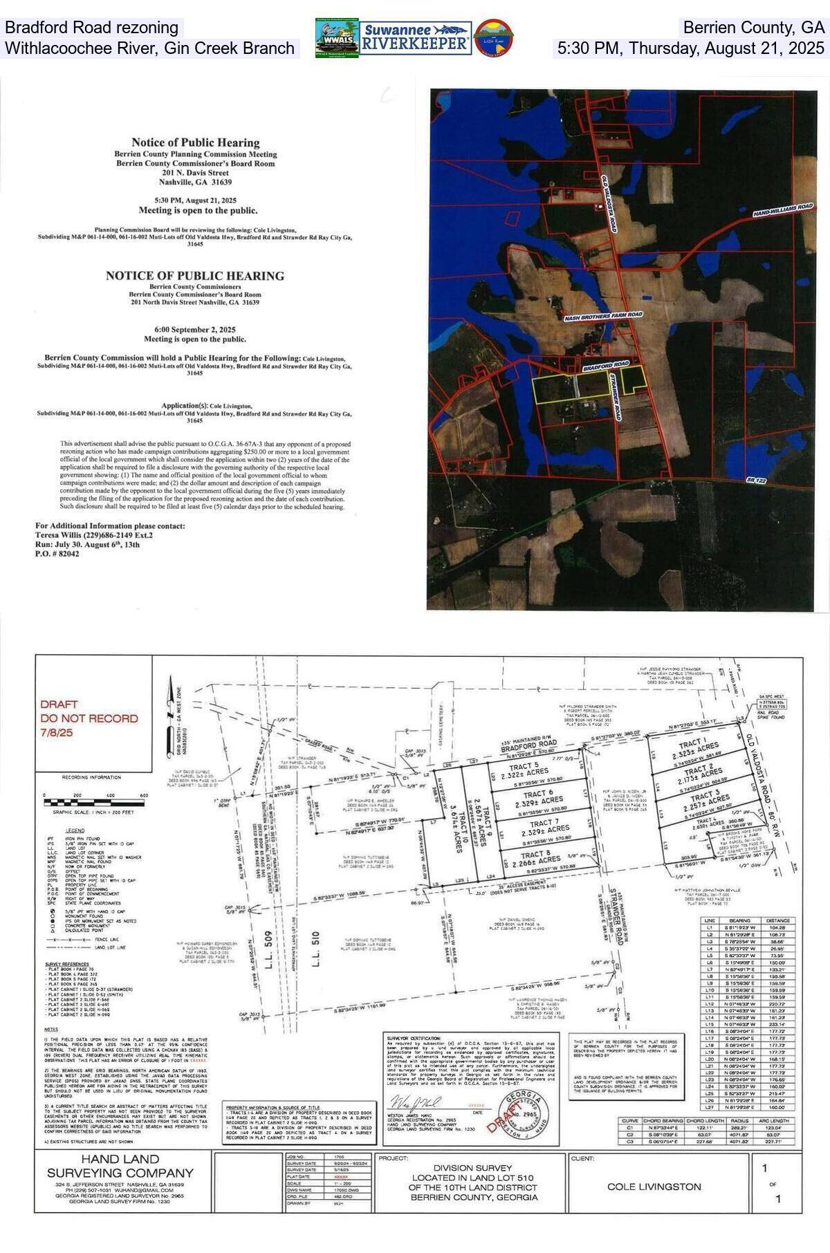 [Bradford Road rezoning, Berrien County, GA, Withlacoochee River, Gin Creek Branch, 5:30 PM, Thursday, August 21, 2025]