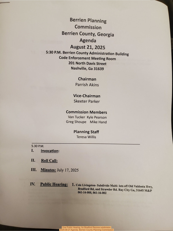 [One Public Hearing, for Bradford Rezone subdivision, 2025-08-21 Agenda, Berrien County Planning Commission]