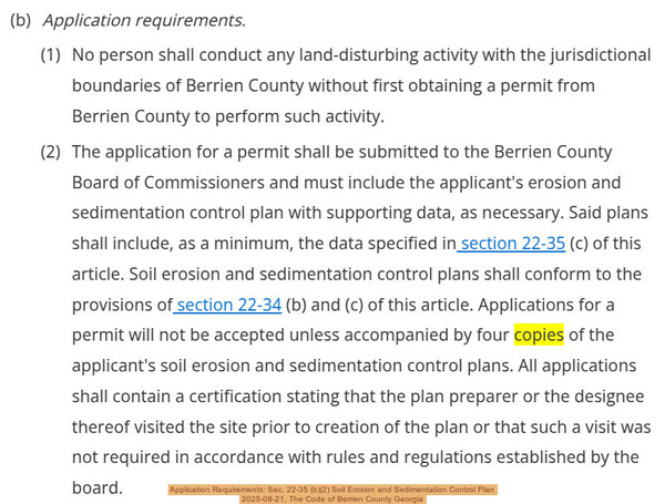[Application Requirements: Sec. 22-35 (b)(2) Soil Erosion and Sedimentation Control Plan, 2025-08-21, The Code of Berrien County Georgia]
