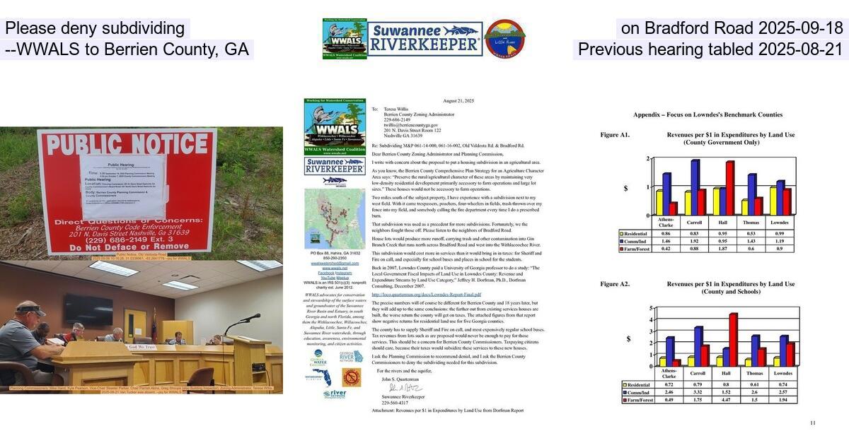 Please deny subdividing on Bradford Road 2025-09-18 --WWALS to Berrien County, GA, Previous hearing tabled 2025-08-21