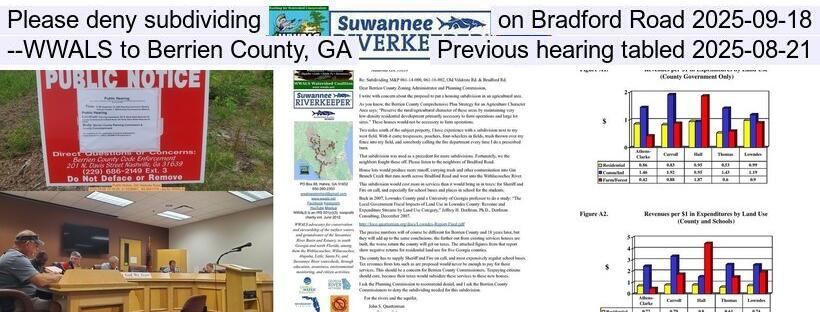 Please deny subdividing on Bradford Road 2025-09-18 --WWALS to Berrien County, GA, Previous hearing tabled 2025-08-21