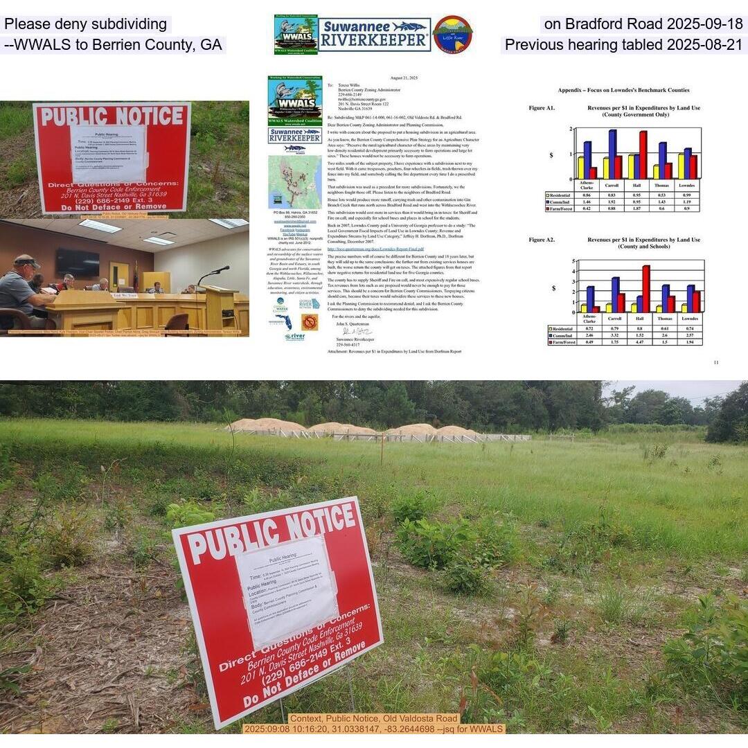 Please deny subdividing on Bradford Road 2025-09-18 --WWALS to Berrien County, GA, Previous hearing tabled 2025-08-21