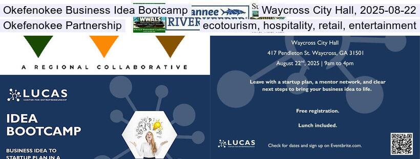 Okefenokee Business Idea Bootcamp, Waycross City Hall, 2025-08-22, Okefenokee Partnership, ecotourism, hospitality, retail, entertainment