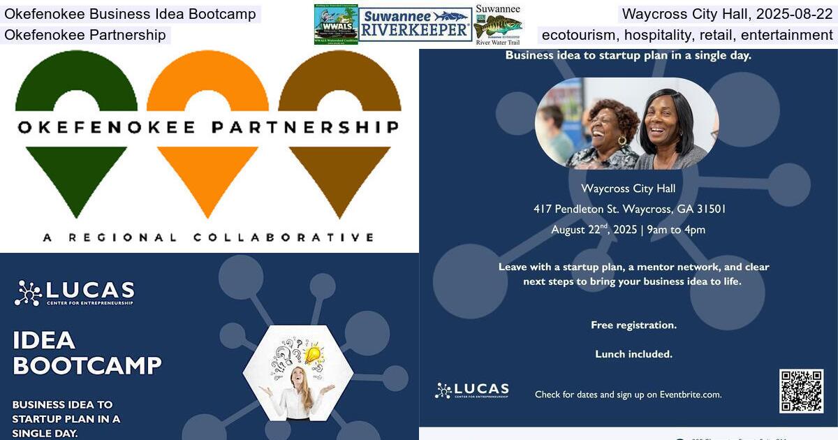 [Okefenokee Business Idea Bootcamp, Waycross City Hall, 2025-08-22, Okefenokee Partnership, ecotourism, hospitality, retail, entertainment]