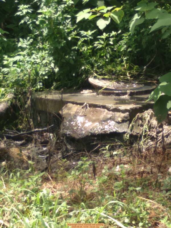 [Wainwright Drive manhole still spewing, 2025-08-24, 13:00 --Scott Jay]