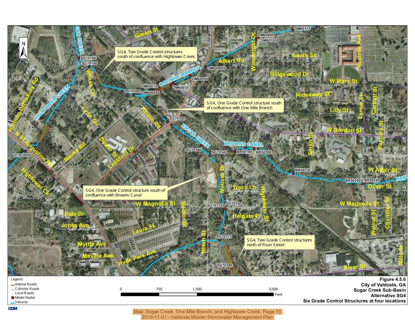 Map: Sugar Creek, One Mile Branch, and Hightower Creek, Page 15, 2010-11-01 --Valdosta Master Stormwater Management Plan