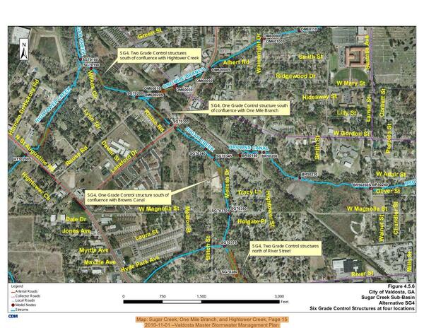 [Map: Sugar Creek, One Mile Branch, and Hightower Creek, Page 15, 2010-11-01 --Valdosta Master Stormwater Management Plan]