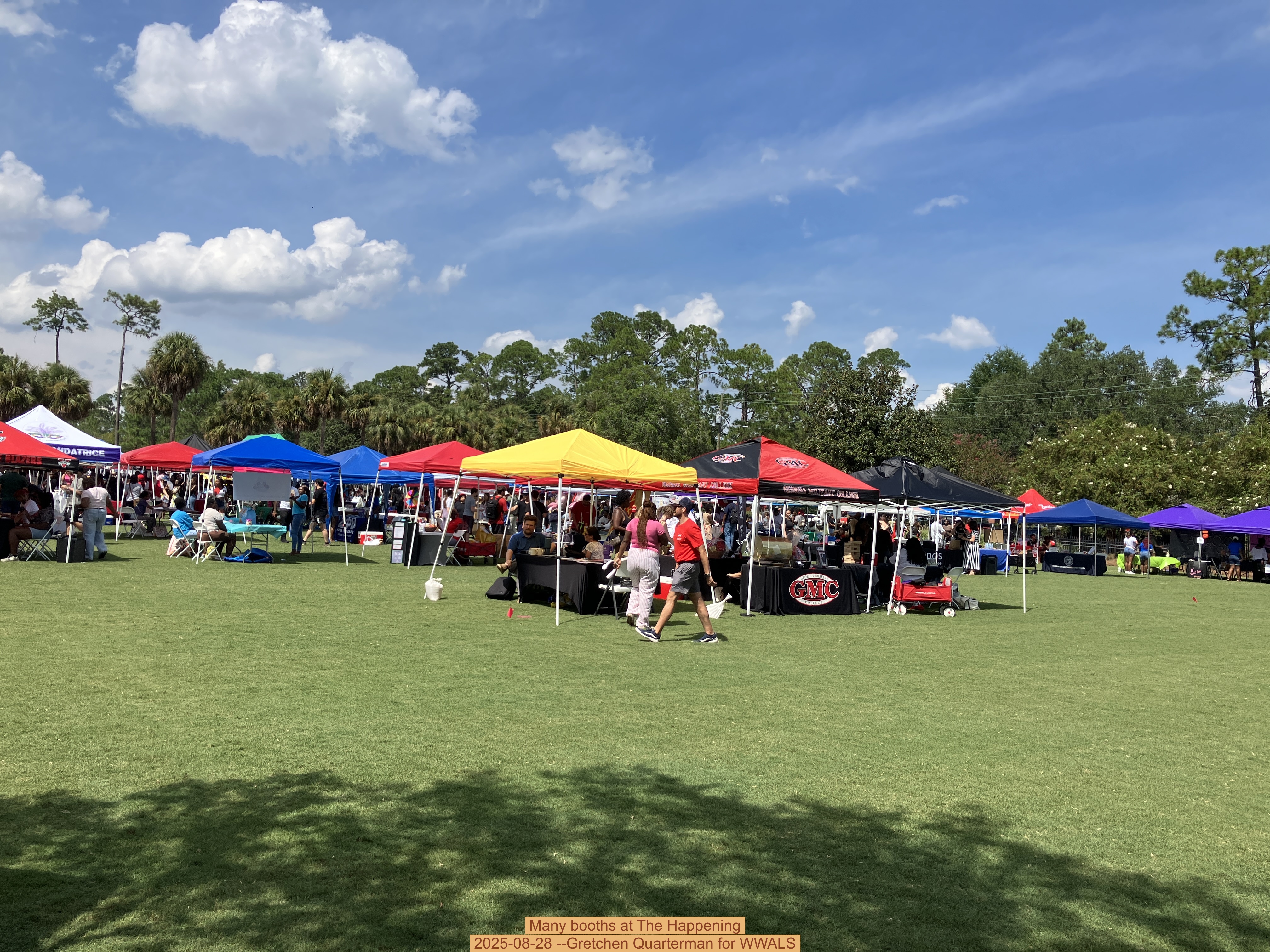 Many booths at The Happening, 2025-08-28 --Gretchen Quarterman for WWALS