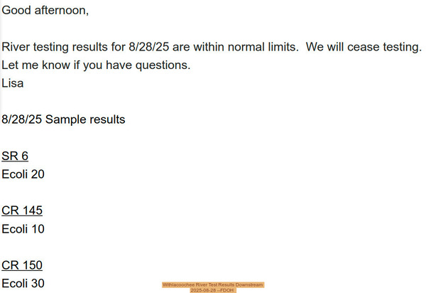 [Withlacoochee River Test Results Downstream, 2025-08-28 --FDOH]