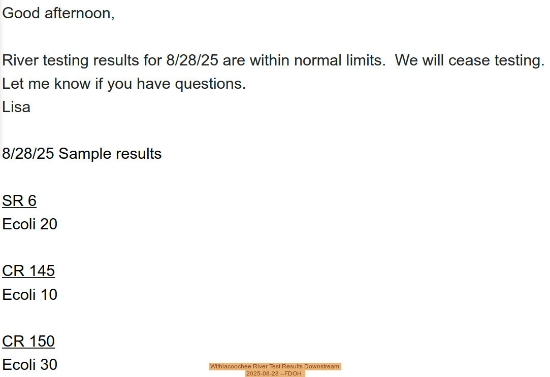 Withlacoochee River Test Results Downstream, 2025-08-28 --FDOH