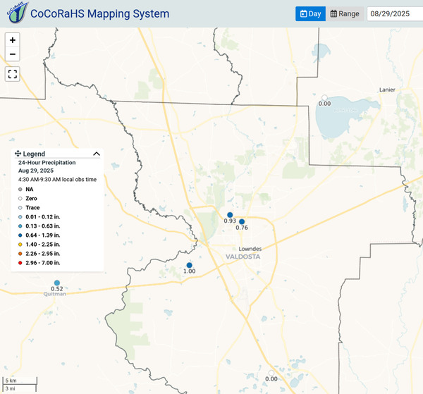 [Map: Rainfall, 2025-08-29 --CoCoRaHS]