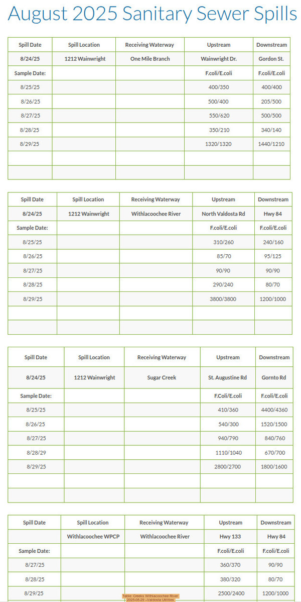 [Table: Creeks Withlacoochee River, 2025-08-29 --Valdosta Utilities]