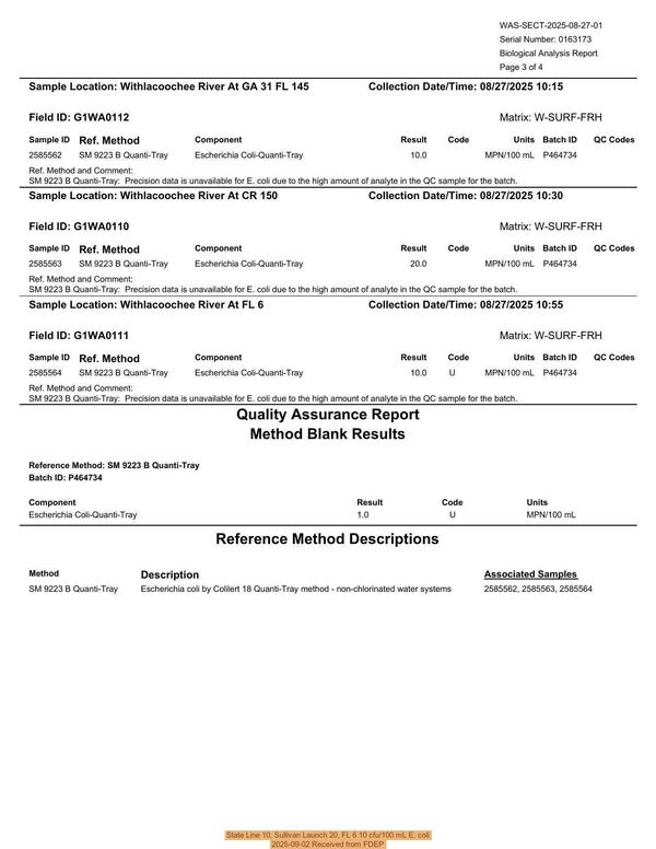 [State Line 10, Sullivan Launch 20, FL 6 10 cfu/100 mL E. coli, 2025-09-02 Received from FDEP]