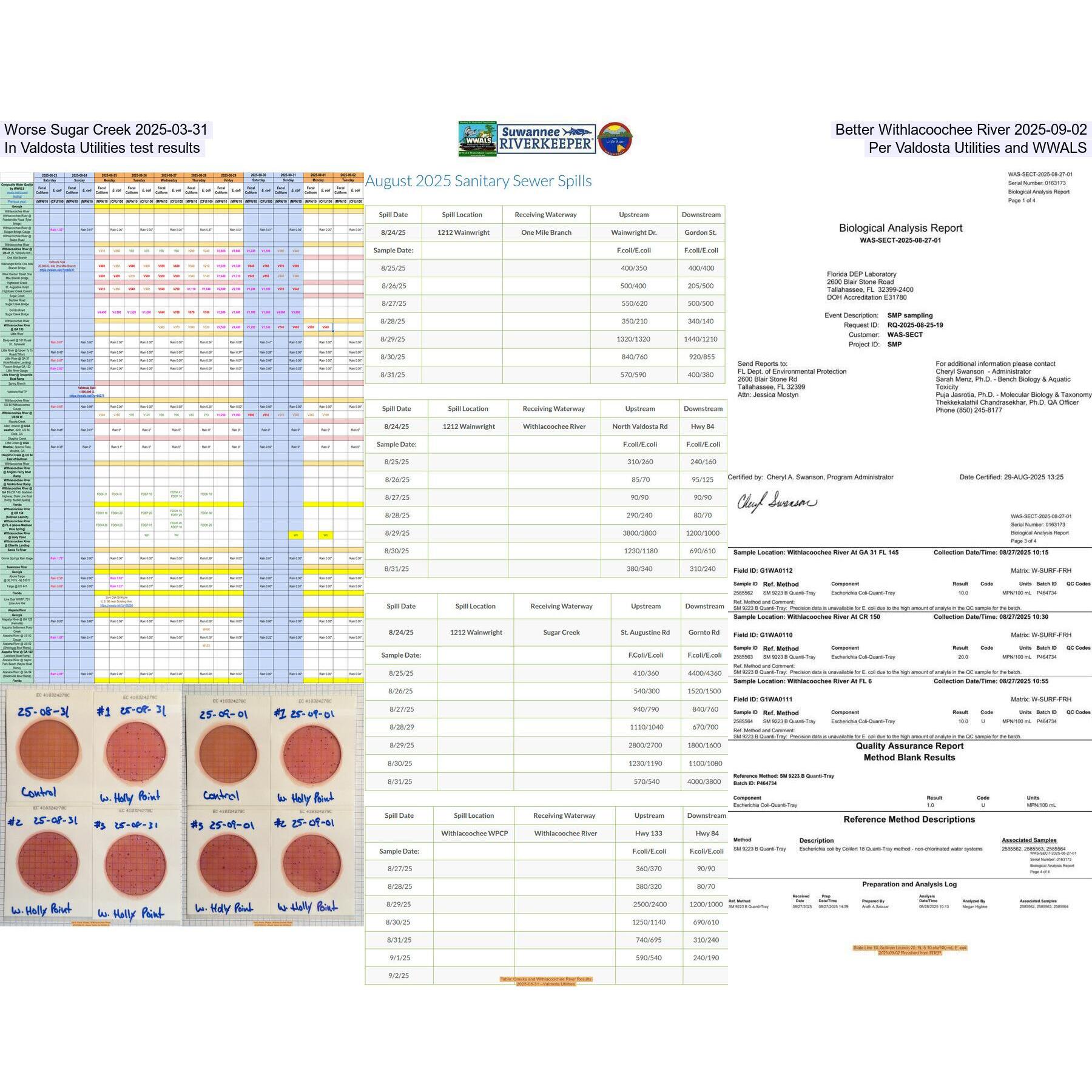 Worse Sugar Creek 2025-03-31, Better Withlacoochee River 2025-09-02, In Valdosta Utilities test results, Per Valdosta Utilities and WWALS