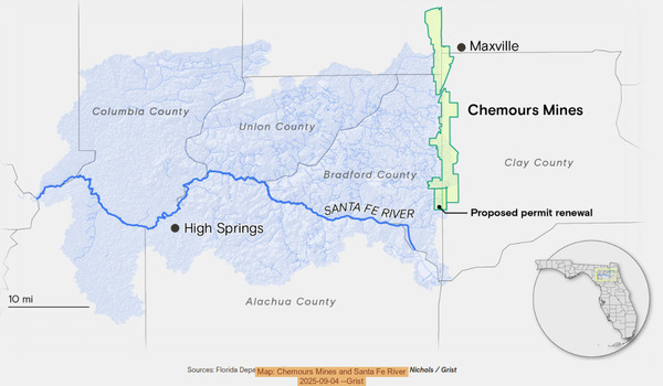 [Map: Chemours Mines and Santa Fe River, 2025-09-04 --Grist]