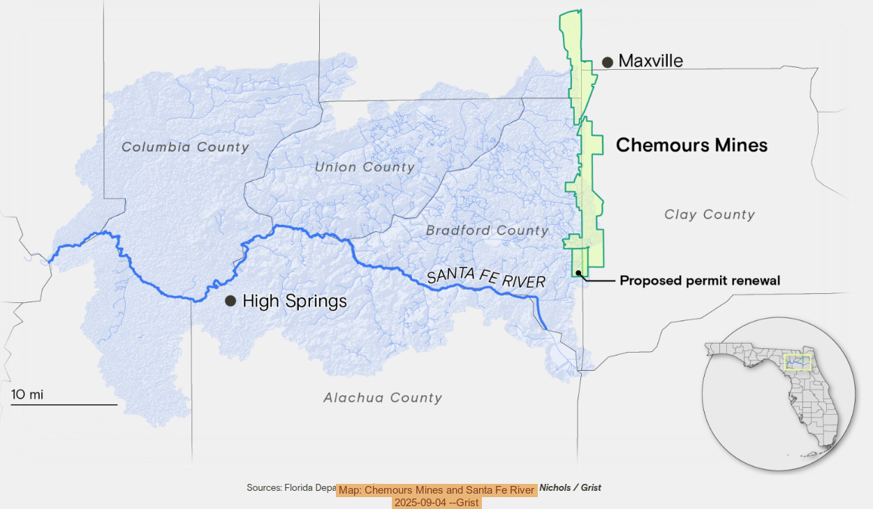 Map: Chemours Mines and Santa Fe River, 2025-09-04 --Grist