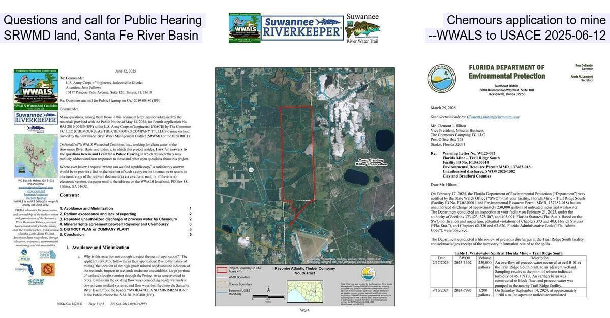 Questions and call for Public Hearing on Chemours permit application to mine SRWMD land –WWALS to USACE 2025-06-12