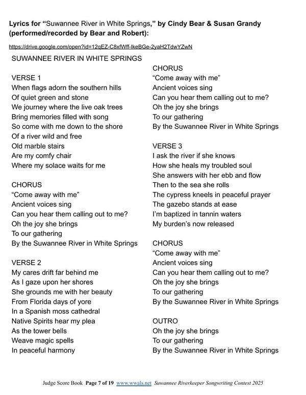 [Lyrics, Suwannee River in White Springs, by Cindy Bear and Susan Grandy]