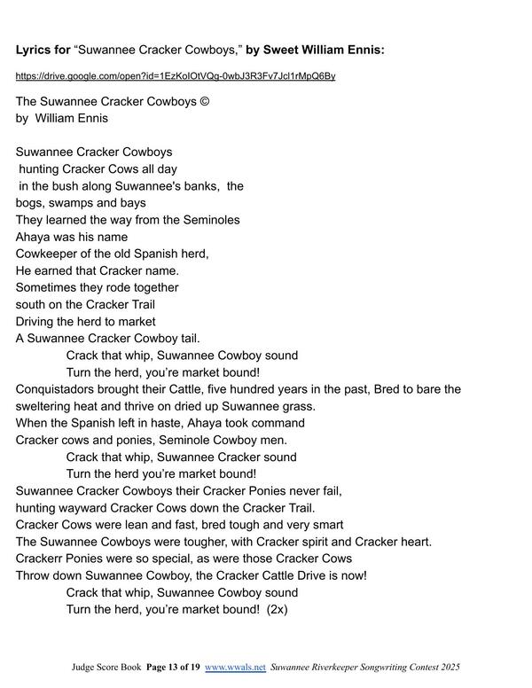 [Lyrics, Suwannee Cracker Cowboys, by Sweet William Ennis]