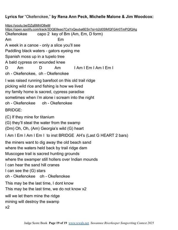 [Lyrics for Okefenokee, by Rena Ann Peck, Michelle Malone & Jim Woodcox]