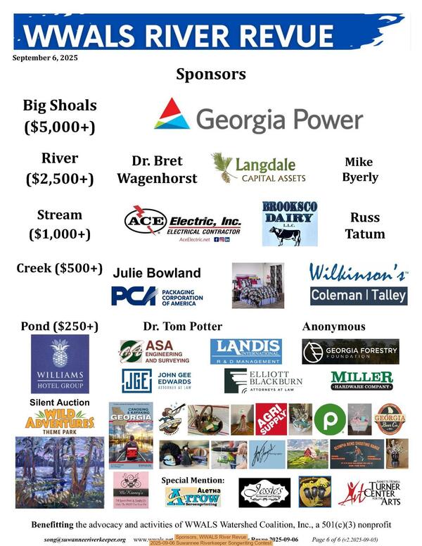 [Sponsors, WWALS River Revue, 2025-09-06 Suwannee Riverkeeper Songwriting Contest]