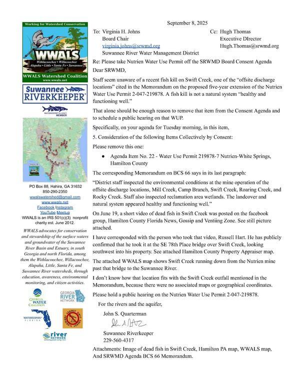 [Dear SRWMD: Please take Nutrien Water Use Permit off the SRWMD Board Consent Agenda 2025-09-08 --WWALS]