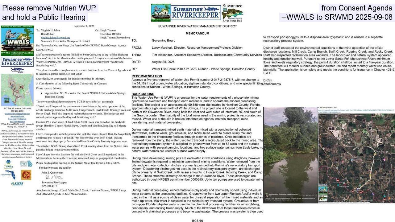 Please remove Nutrien WUP from Consent Agenda and hold a Public Hearing --WWALS to SRWMD 2025-09-08