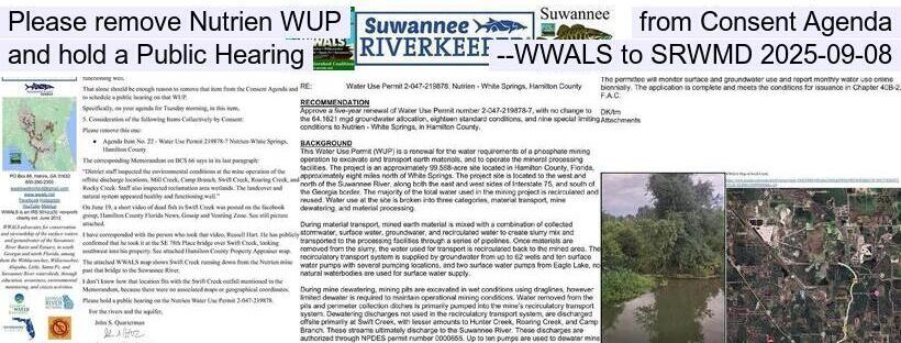 Please remove Nutrien WUP from Consent Agenda and hold a Public Hearing --WWALS to SRWMD 2025-09-08