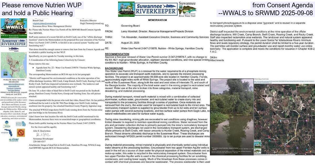 [Please remove Nutrien WUP from Consent Agenda and hold a Public Hearing --WWALS to SRWMD 2025-09-08]