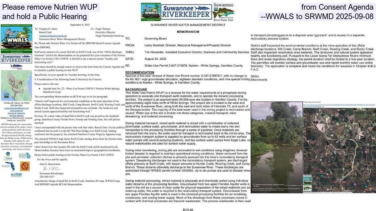 Please remove Nutrien WUP from Consent Agenda and hold a Public Hearing --WWALS to SRWMD 2025-09-08