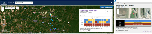 [Map: PCS Phosphate White Springs 12 Quarter Violation History, 2025-09-12 --EPA Echo]