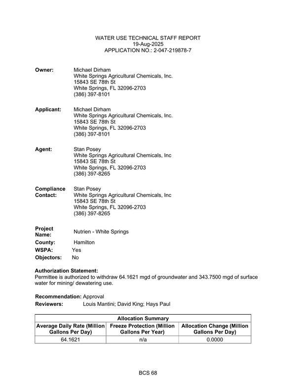 [WATER USE TECHNICAL STAFF REPORT 19-Aug-2025 APPLICATION NO.: 2-047-219878-7]