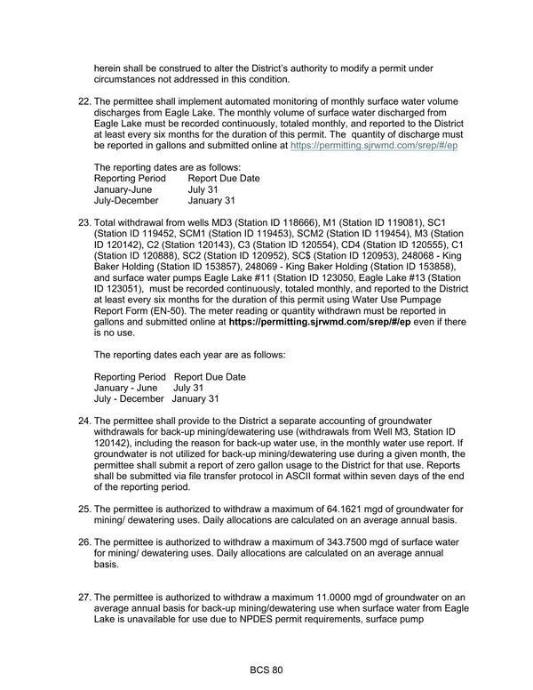 [The permittee shall implement automated monitoring of monthly surface water volume discharges from Eagle Lake.]