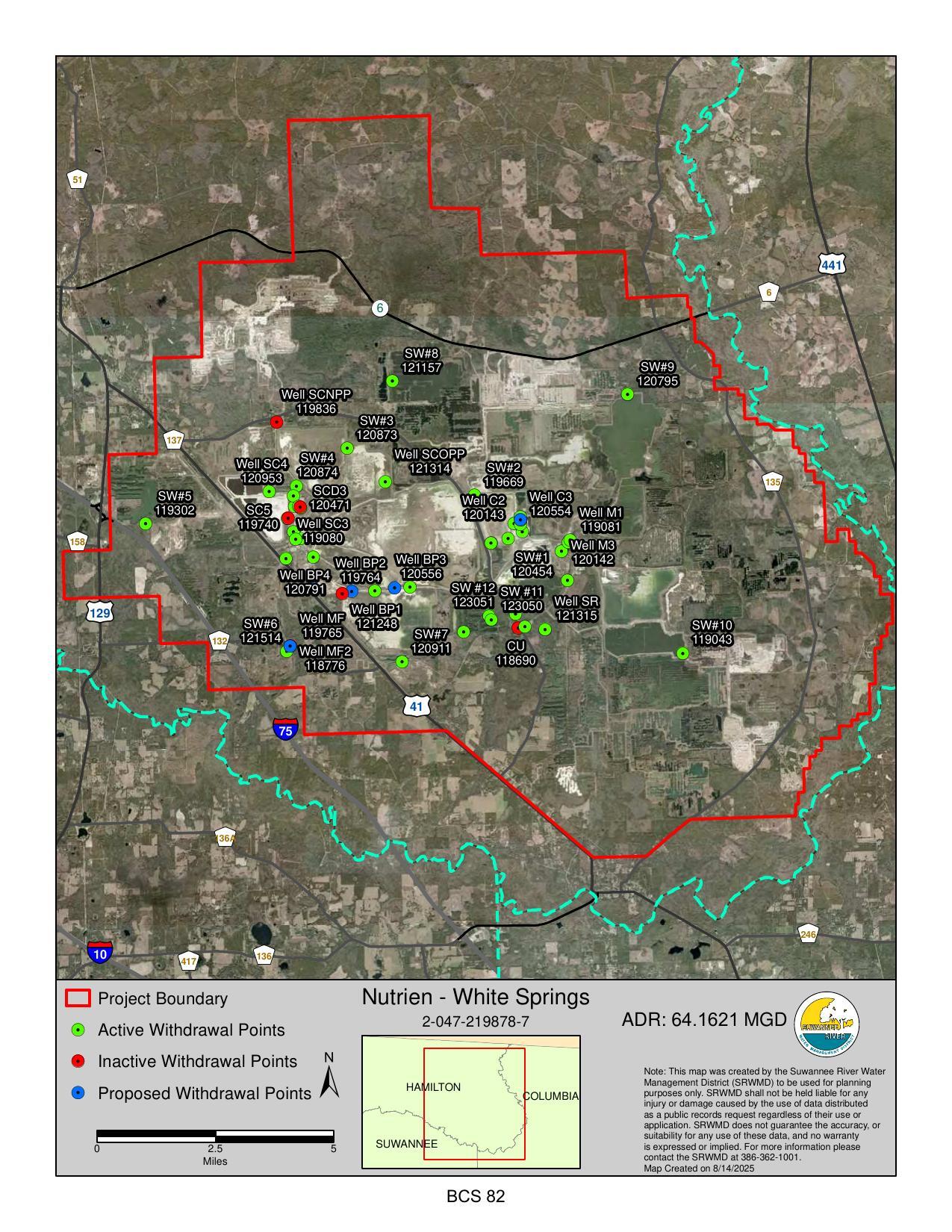 Map: Water Withdrawals Points, Nutrien White Springs, 2025-08-14 --SRWMD