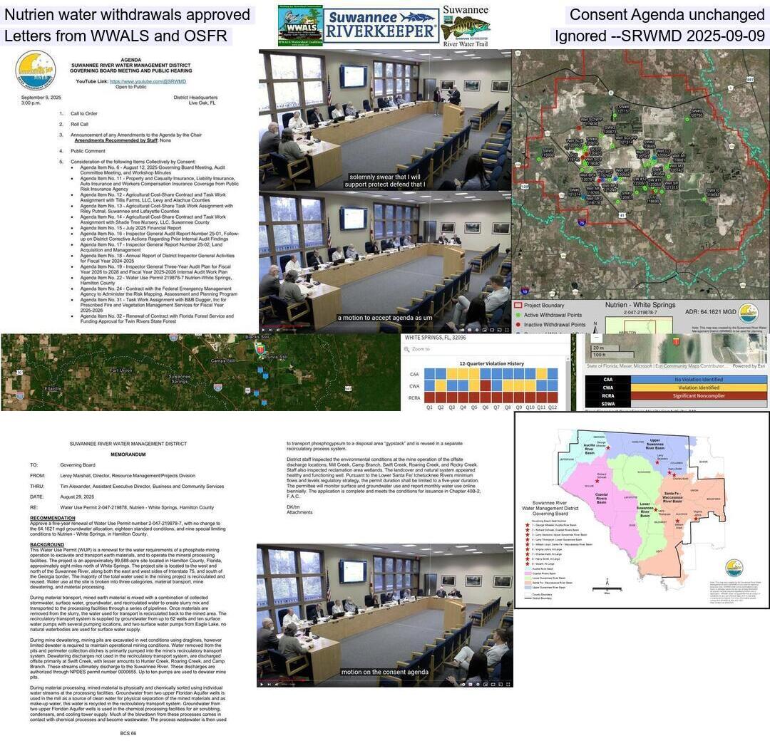 Nutrien water withdrawals approved, Consent Agenda unchanged, Letters from WWALS and OSFR ignored --SRWMD 2025-09-09