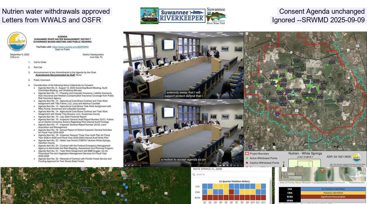 Nutrien water withdrawals approved, Consent Agenda unchanged, Letters from WWALS and OSFR ignored --SRWMD 2025-09-09