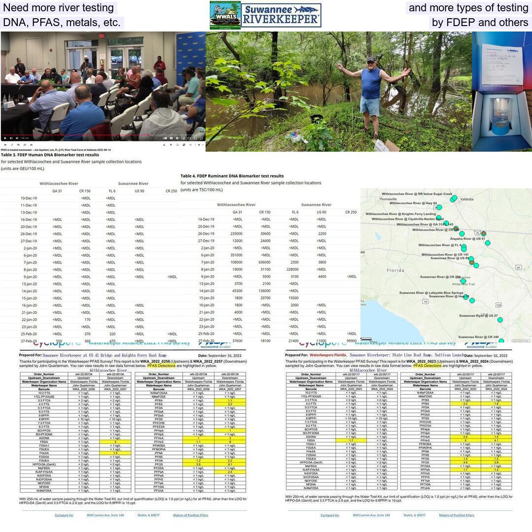 Need more river testing, and more types of testing, DNA, PFAS, metals, etc., by FDEP and others