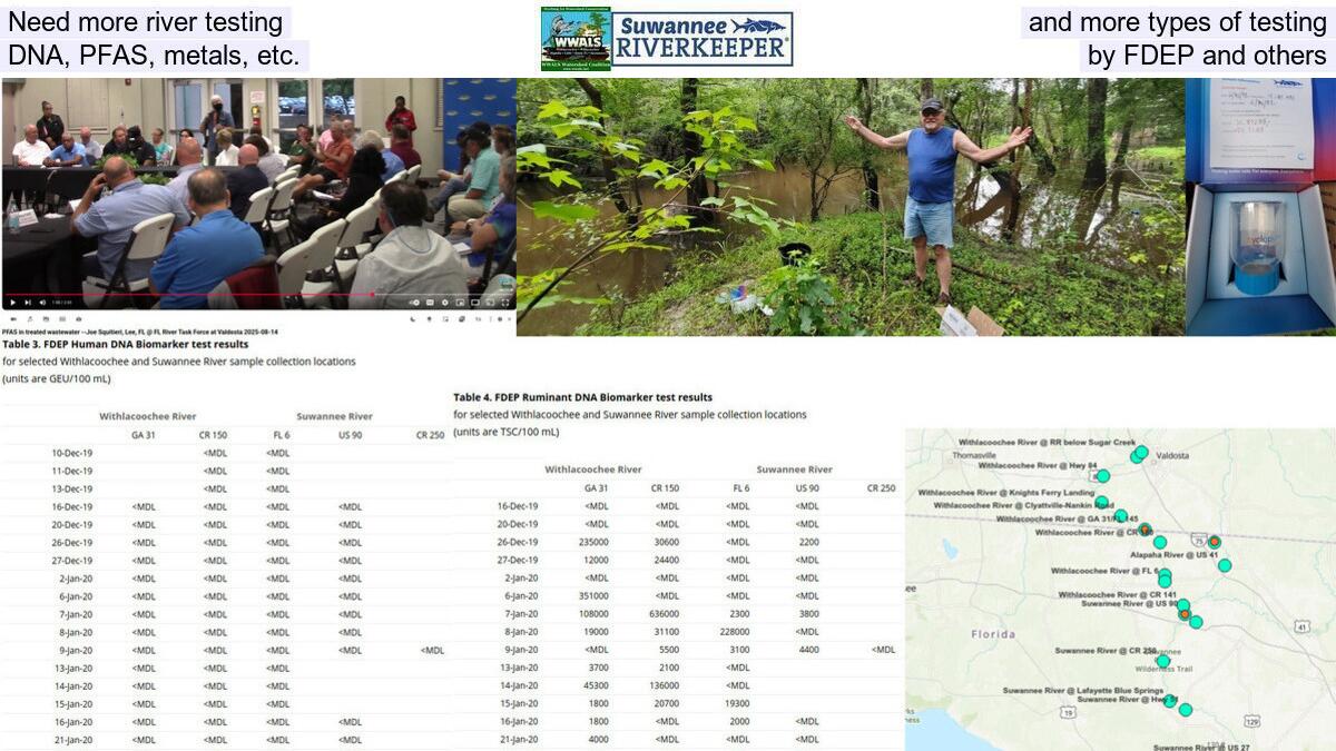 Need more river testing, and more types of testing, DNA, PFAS, metals, etc., by FDEP and others